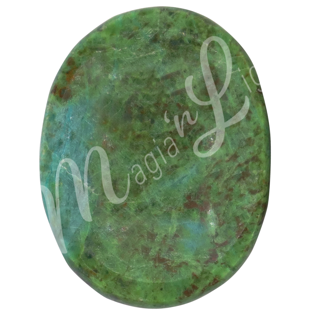 A polished green and brown Turquoise stone with a smooth, oval shape, showing natural color variations and patterns.