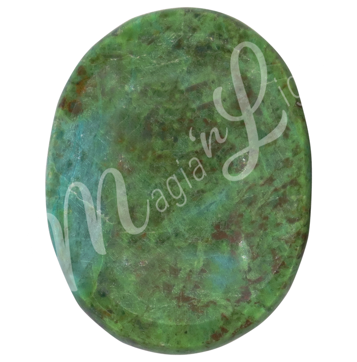 A polished green and brown Turquoise stone with a smooth, oval shape, showing natural color variations and patterns.