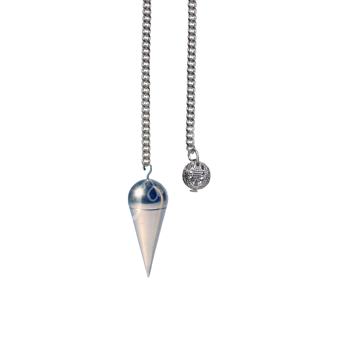 A silver metal pendulum in point with a plain chain.