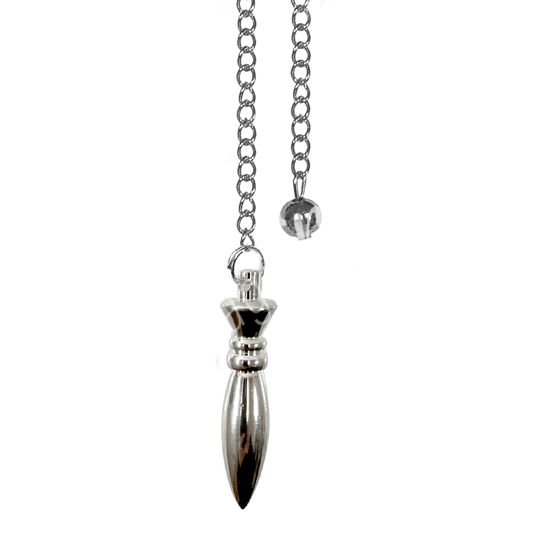 A silver metal pendulum with a plain silver chain.