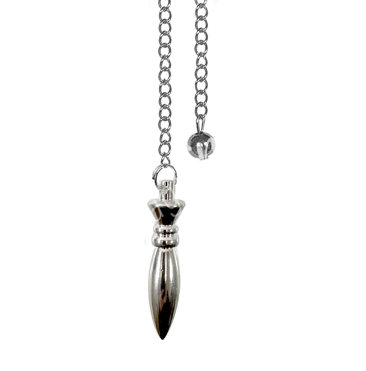 A silver metal pendulum with a plain silver chain.