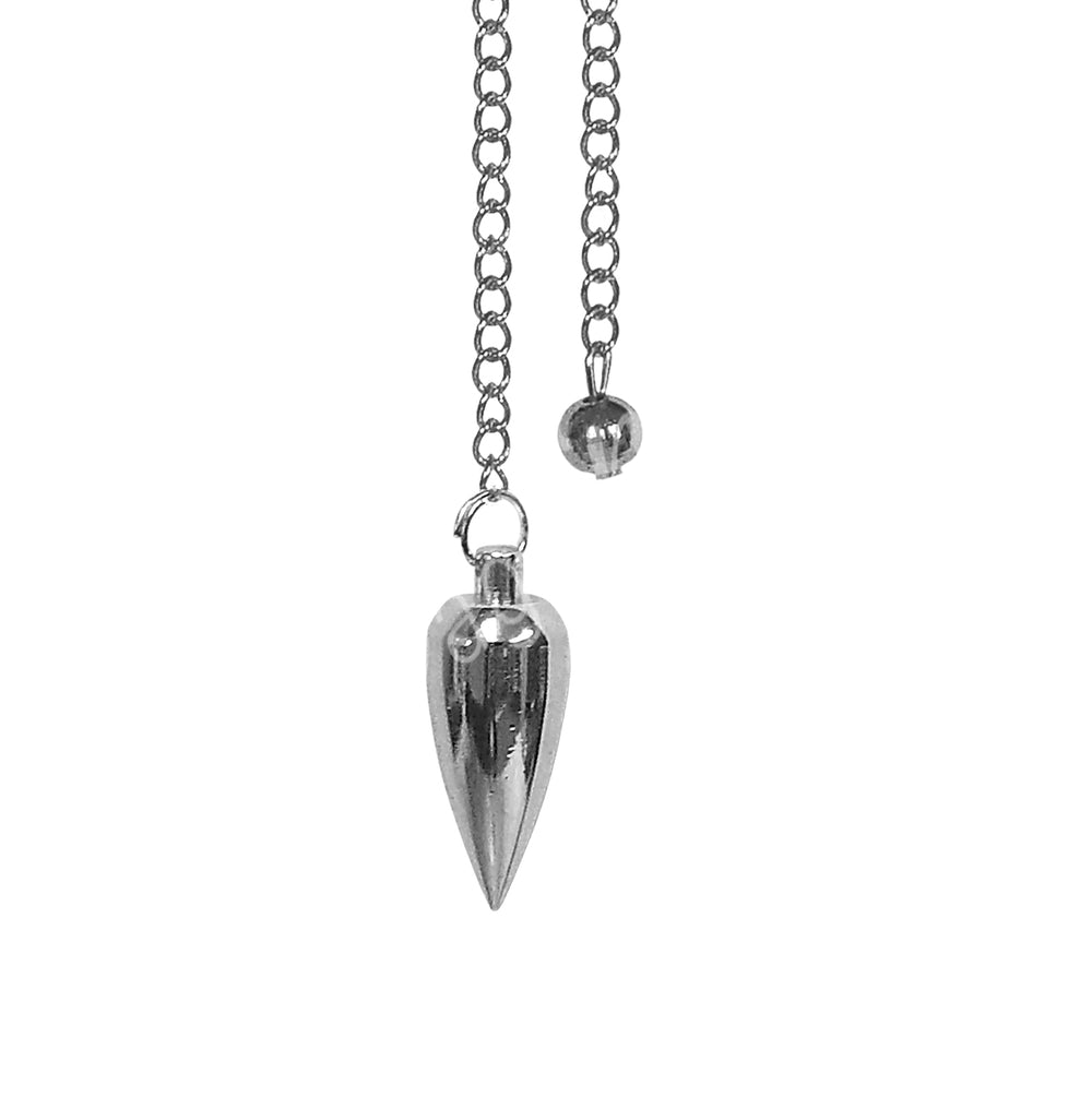A silver metal pendulum with a plain silver chain.