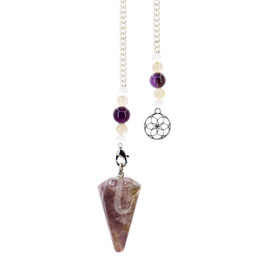 A pendulum featuring a hexagonal Super 7 stone with seed of life charm at the end of the chain.