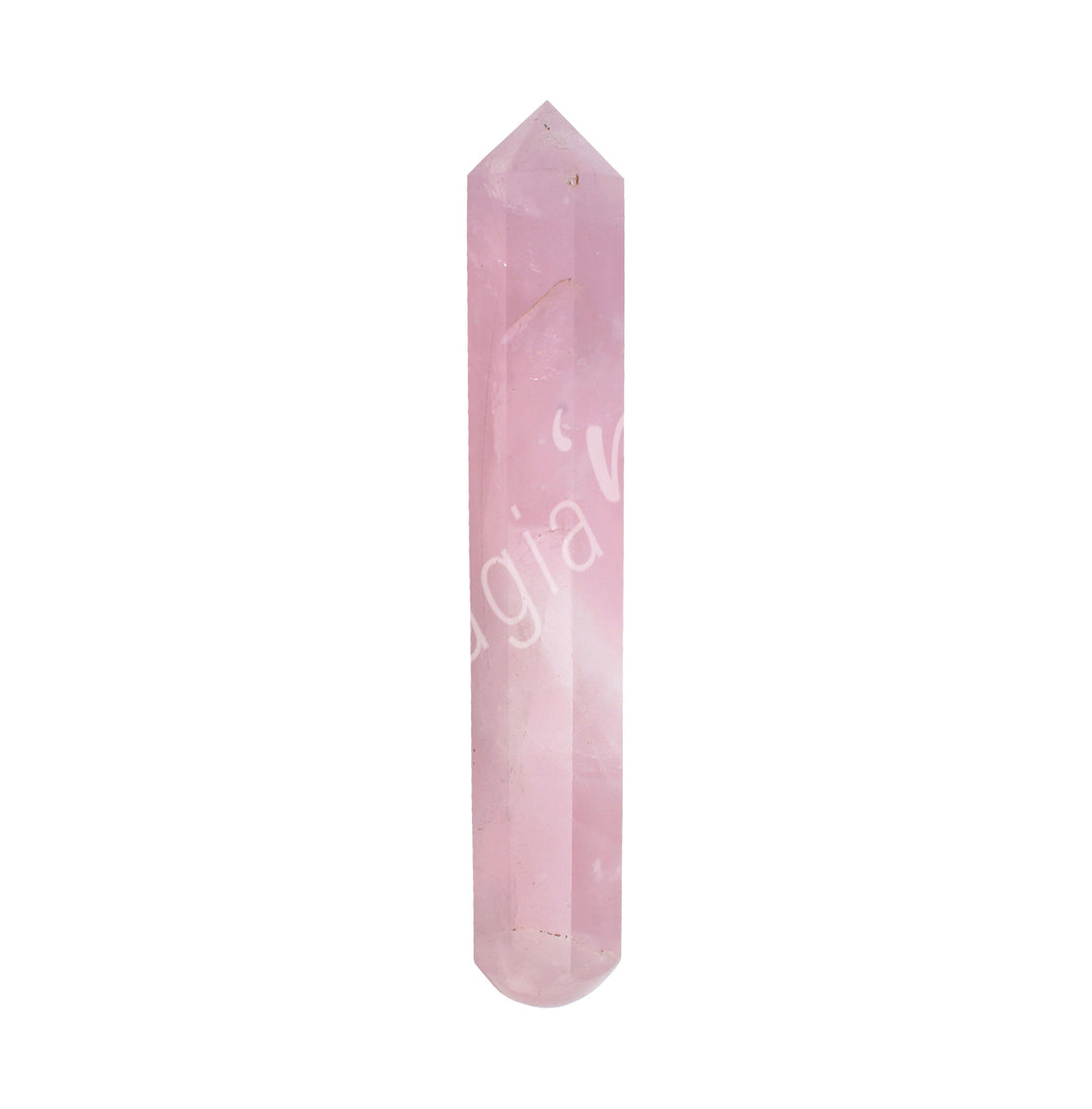 Polished rose quartz crystal massager with a pointed tip, ideal for energy healing, massage, or crystal therapy.