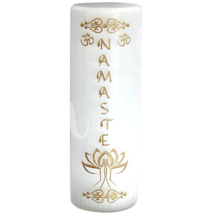 Meditation Charger Cylinders Selenite w Gold Namaste