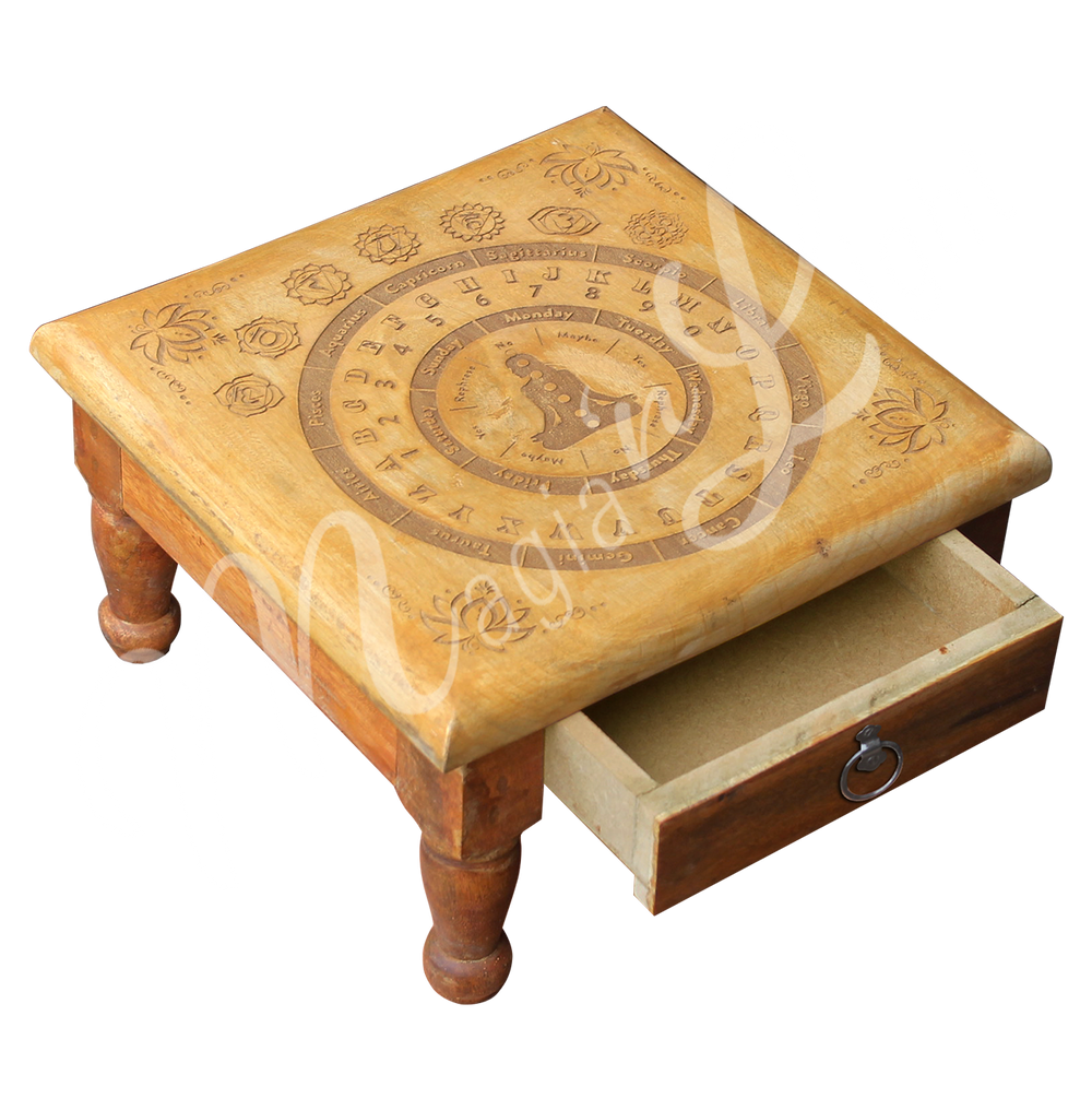 Altar Table Engraved with Pendulum Board. Seen at an angle, with an open drawer.