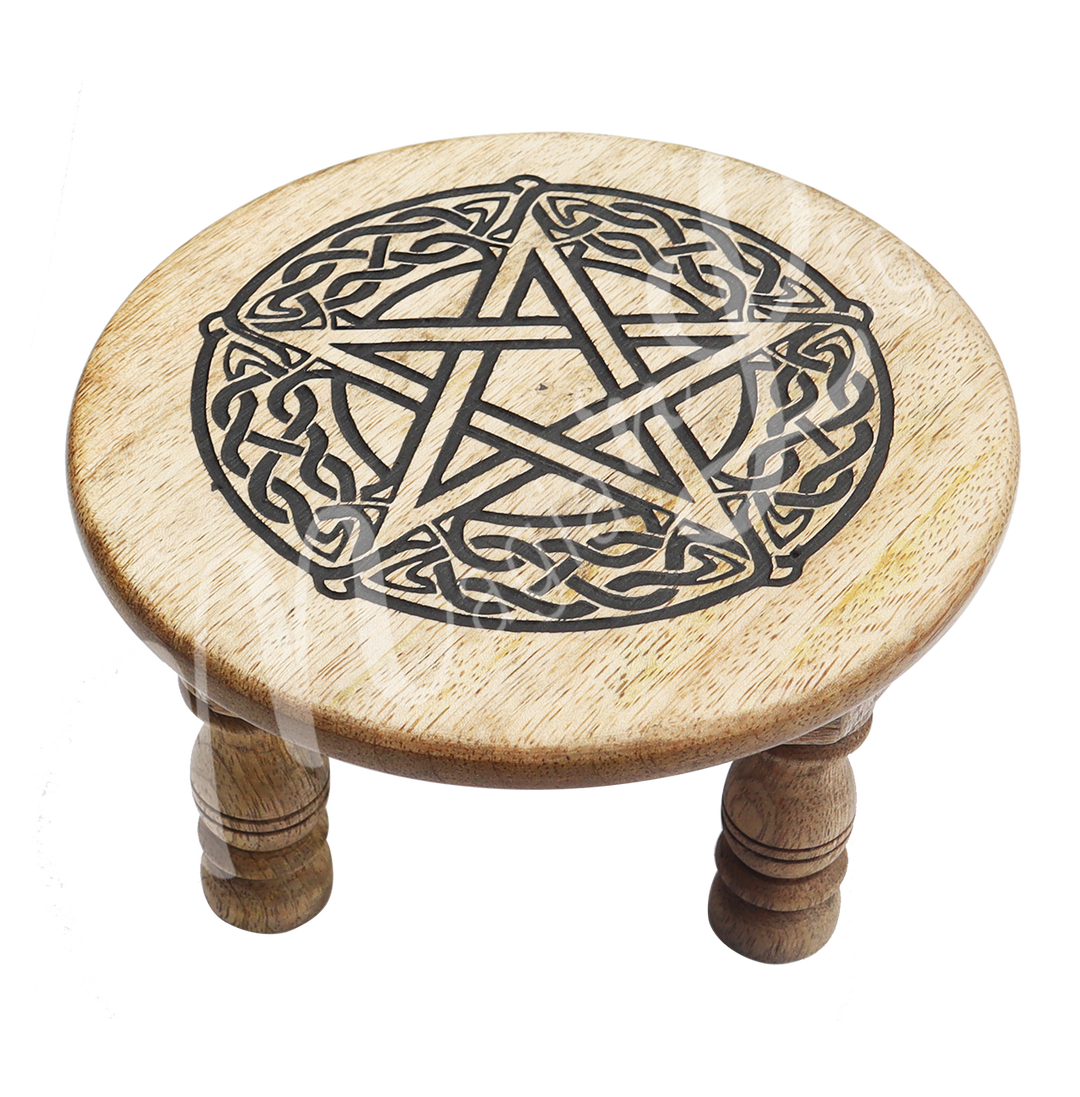 Mango Wood Altar Table Engraved with a Pentacle. Seen at an angle.