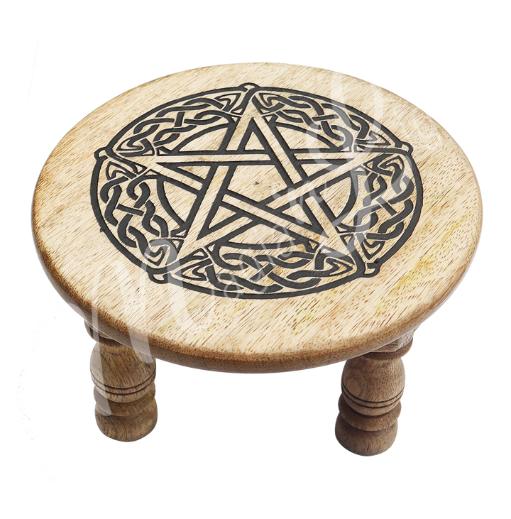 Mango Wood Altar Table Engraved with a Pentacle. Seen at an angle.