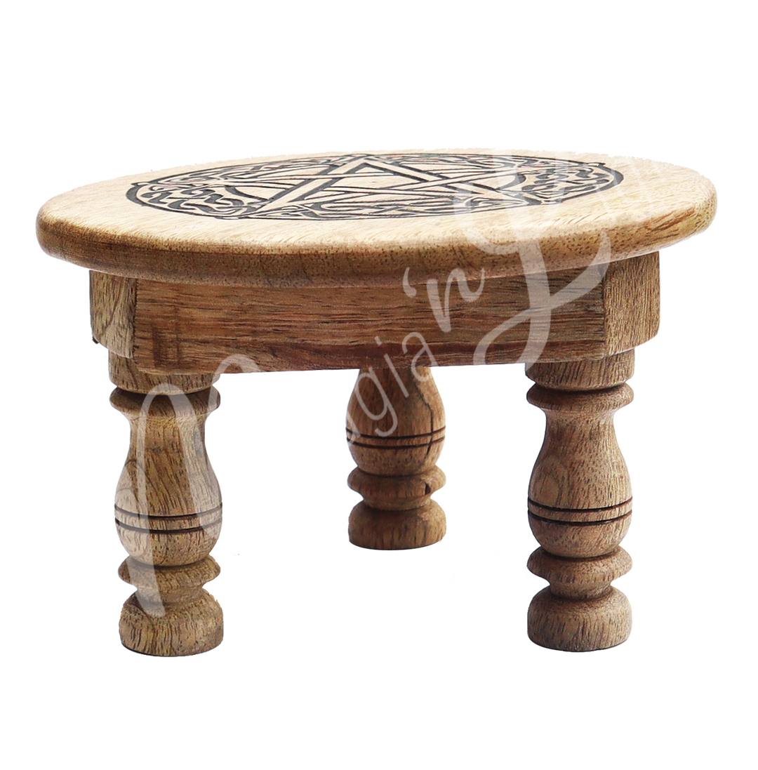 Mango Wood Altar Table Engraved with a Pentacle. Seen from the side.
