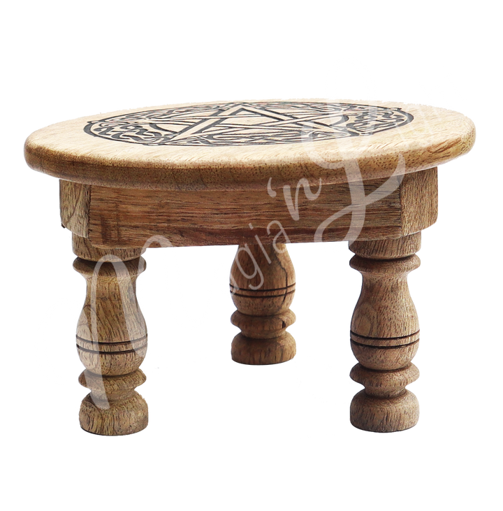Mango Wood Altar Table Engraved with a Pentacle. Seen from the side.