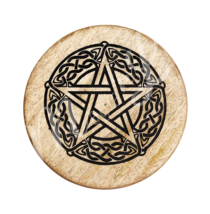 Mango Wood Altar Table Engraved with a Pentacle. Seen from the top.