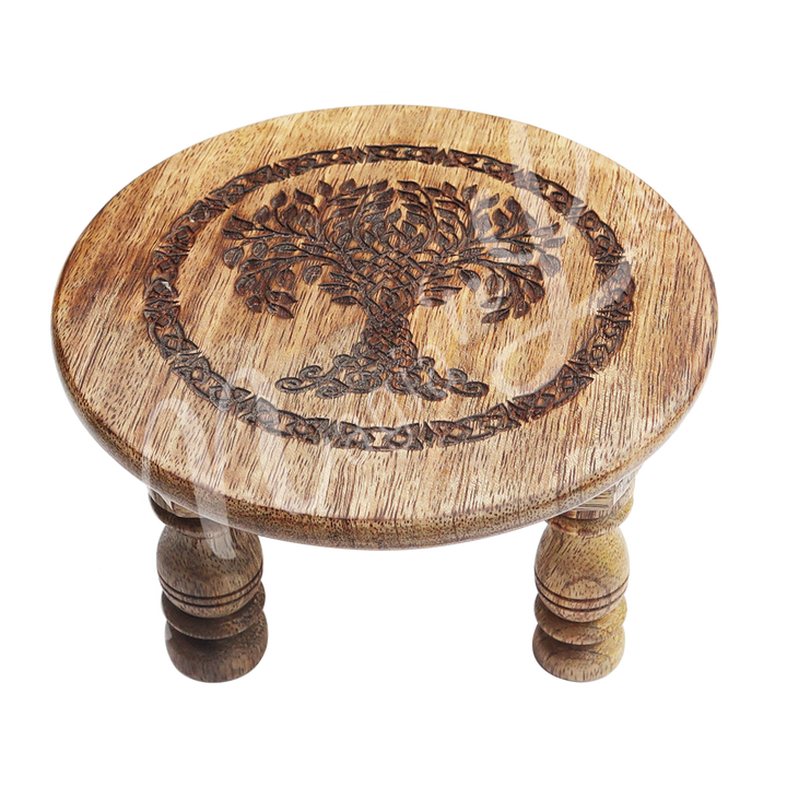 Mango Wood Altar Table Engraved with Tree of Life. Seen at an angle.