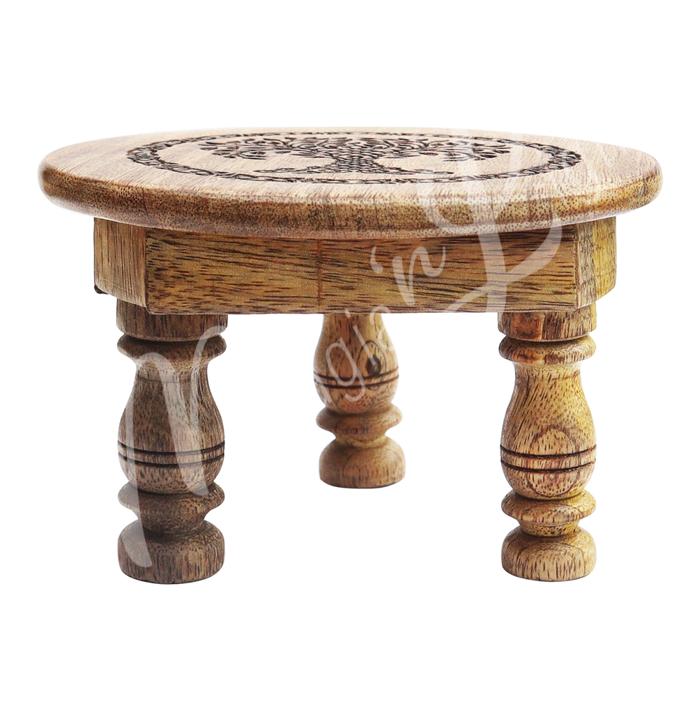 Mango Wood Altar Table Engraved with Tree of Life. Seen from the side.