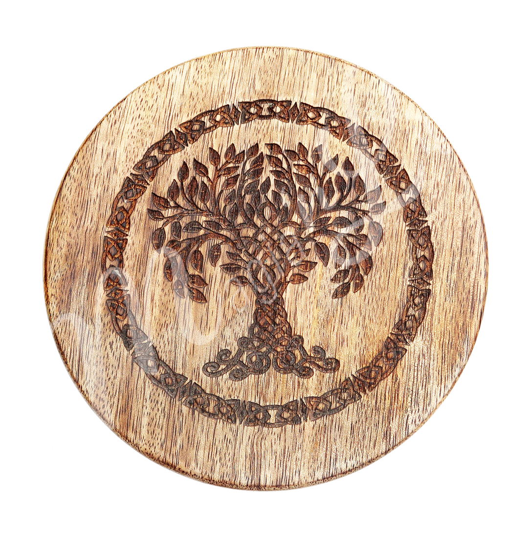 Mango Wood Altar Table Engraved with Tree of Life. Seen from the top.