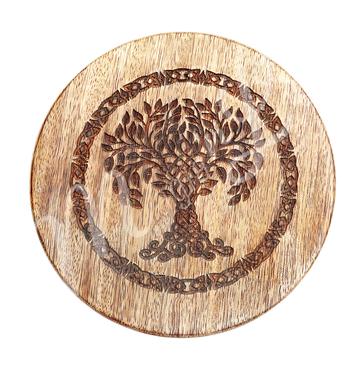 Mango Wood Altar Table Engraved with Tree of Life. Seen from the top.