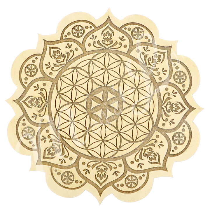 A flower of life acacia wood crystal grid engraved.