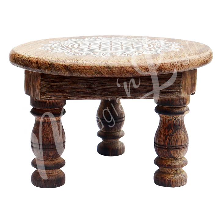 Mango Wood Altar Table Engraved with Flower of Life. Seen from the side.