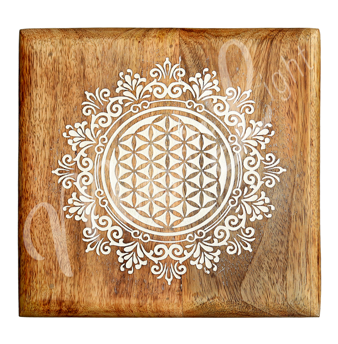 Square Mango Wood Altar Table Engraved with Flower of Life. Seen from the top.