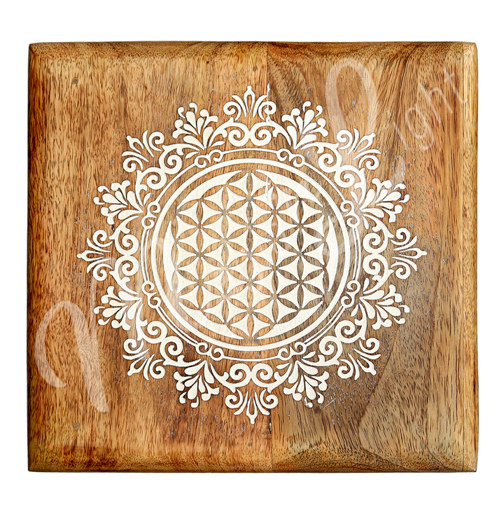 Square Mango Wood Altar Table Engraved with Flower of Life. Seen from the top.