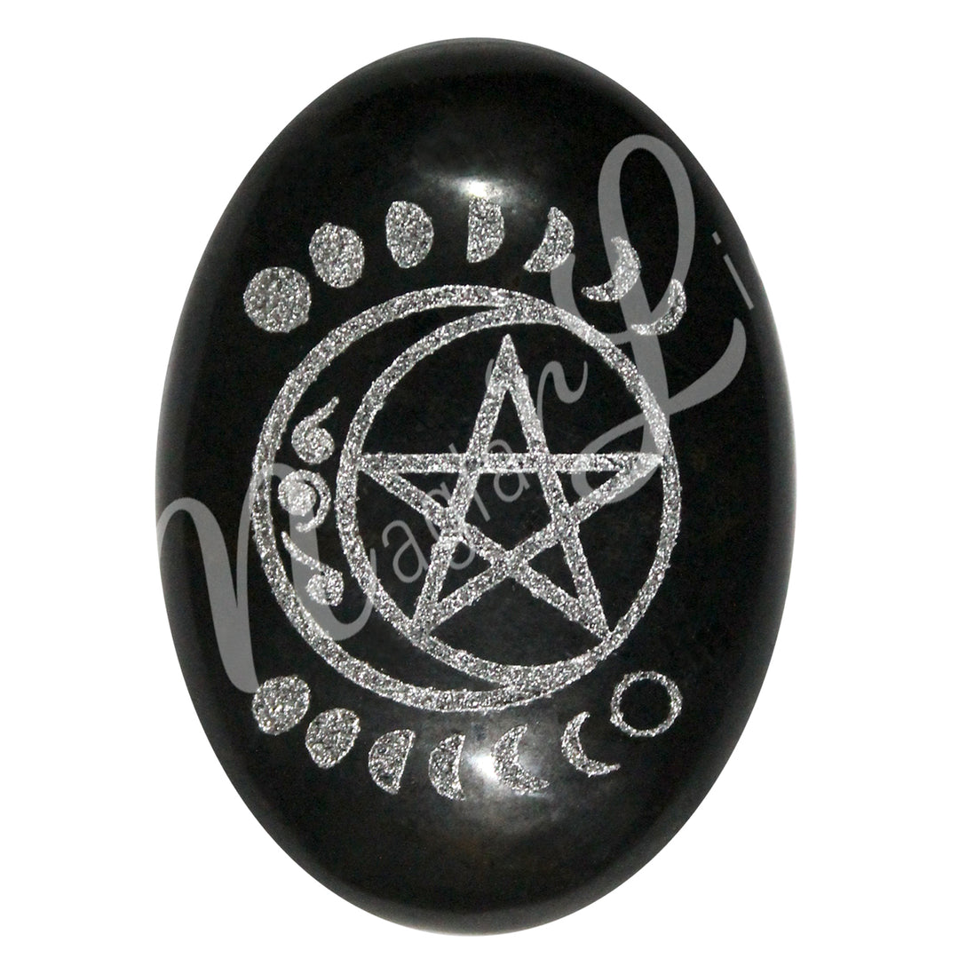 PALM STONE TOURMALINE, BLACK PENTACLE & MOON PHASES SILVER 3″