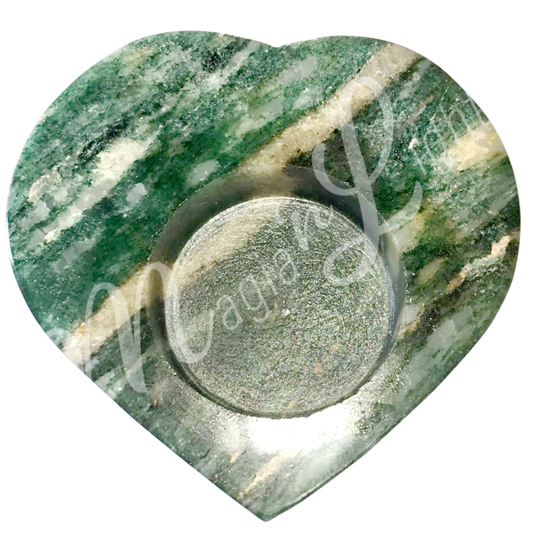 Tealight Holder Aventurine, Green with Quartz Heart 3 X 4"