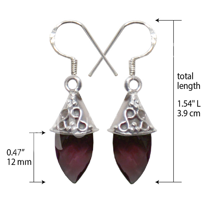 Sterling Silver Earrings Faceted Drop Garnet 1.5"