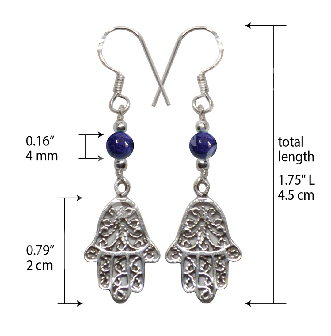 Sterling Silver Earrings Hand of Fatima Lapis Lazuli 1.75″