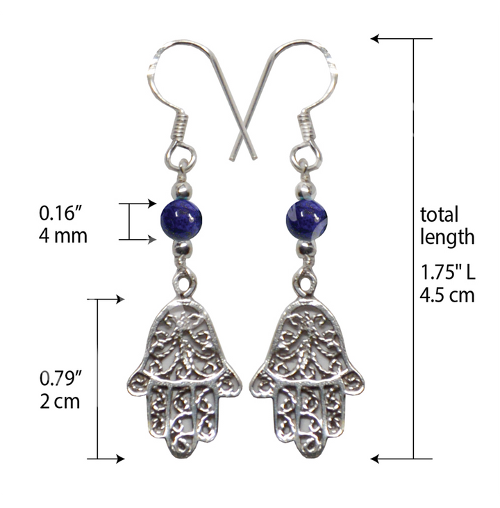 Sterling Silver Earrings Hand of Fatima Lapis Lazuli 1.75″