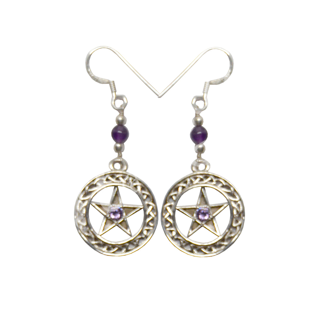 Sterling Silver Earrings Pentacles Amethyst 2″