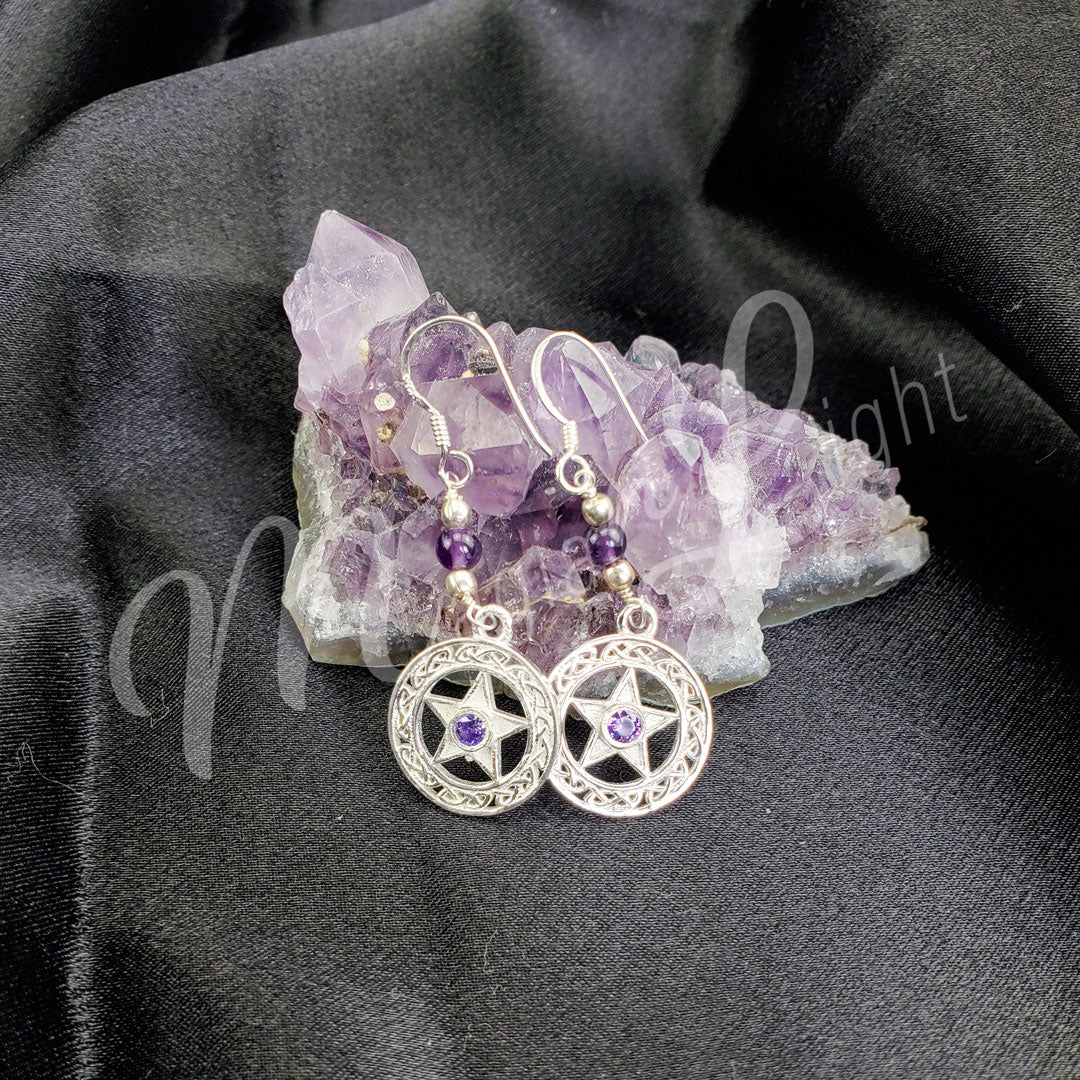 Sterling Silver Earrings Pentacles Amethyst 2″