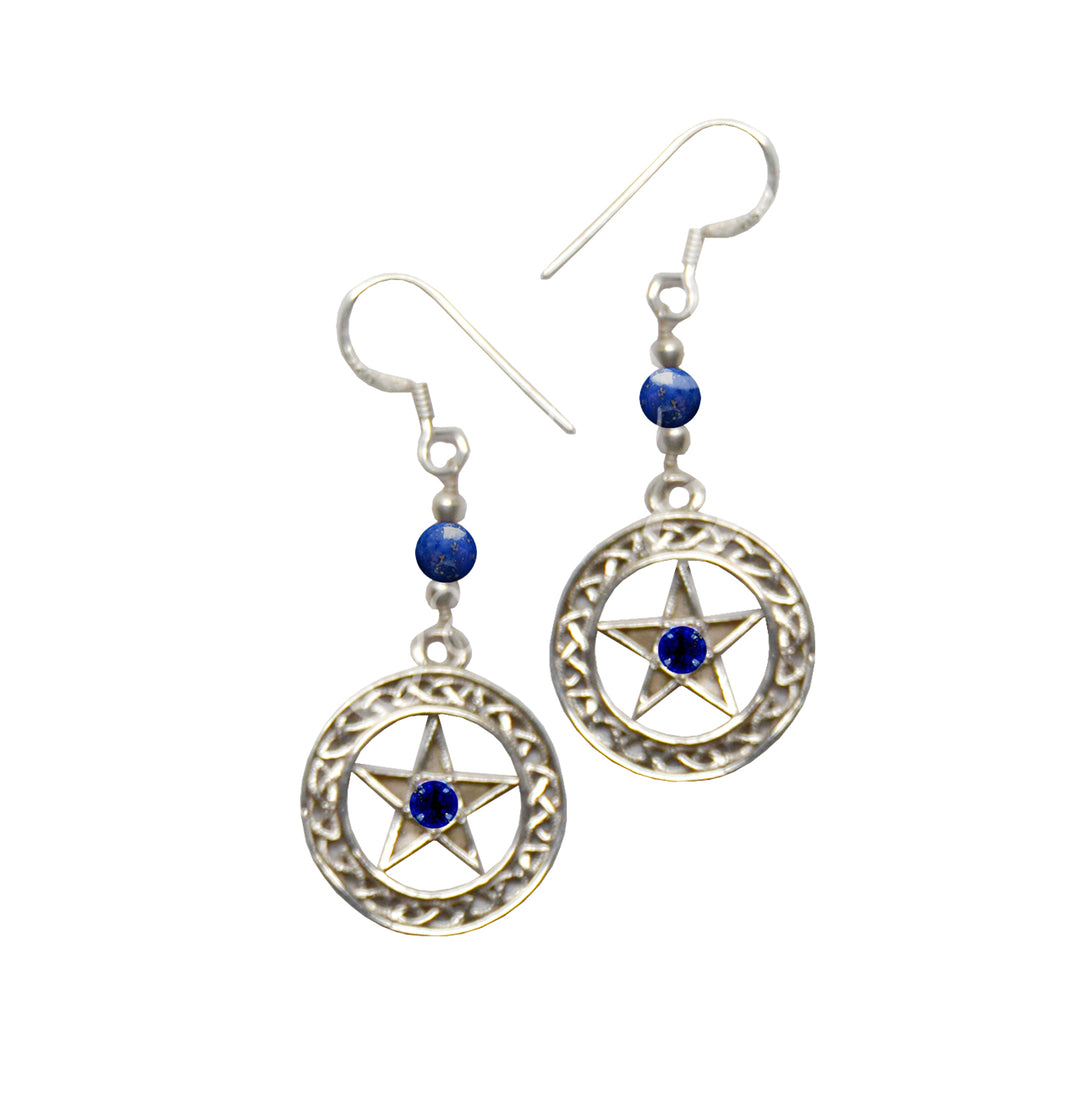 Sterling Silver Earrings Pentacles Lapis Lazuli 2″