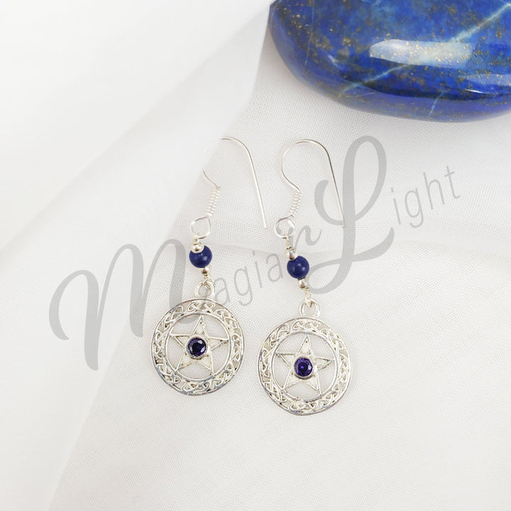 Sterling Silver Earrings Pentacles Lapis Lazuli 2″