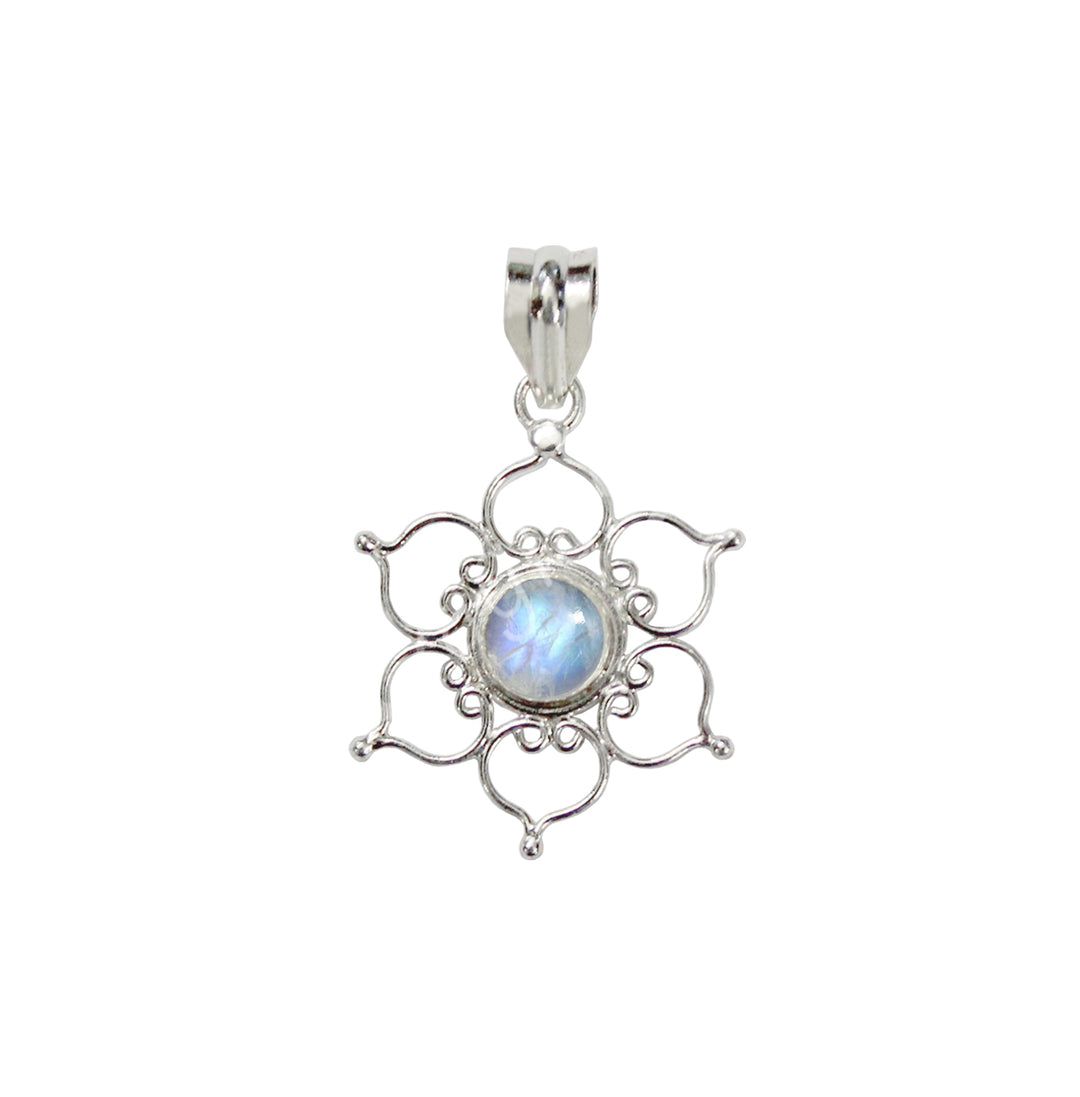 Sterling Silver Pendant Lotus Rainbow Moonstone 1.6″