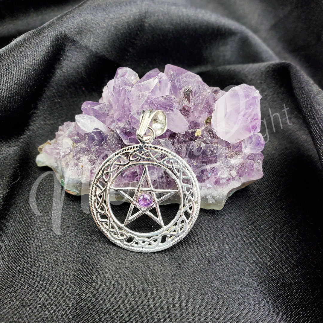 Sterling Silver Pendant Pentacle Amethyst 1.25″dia. X 1.5″L