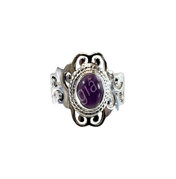 Sterling Silver Ring Big Jali Oval Amethyst Adjustable 0.45"w