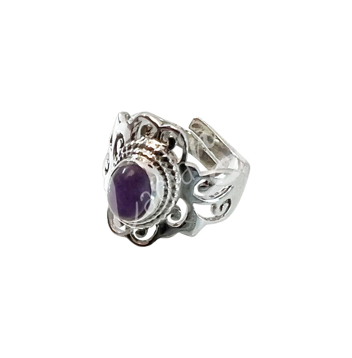 Sterling Silver Ring Big Jali Oval Amethyst Adjustable 0.45"w