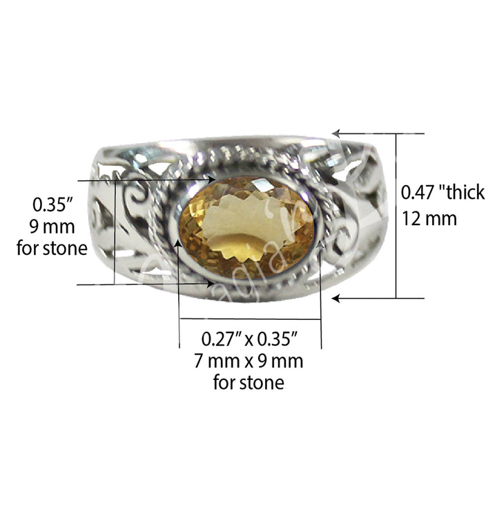 Anillo de Plata Esterlina con Cuarzo Citrino Facetado y Diseño Jali Grande 0.5″