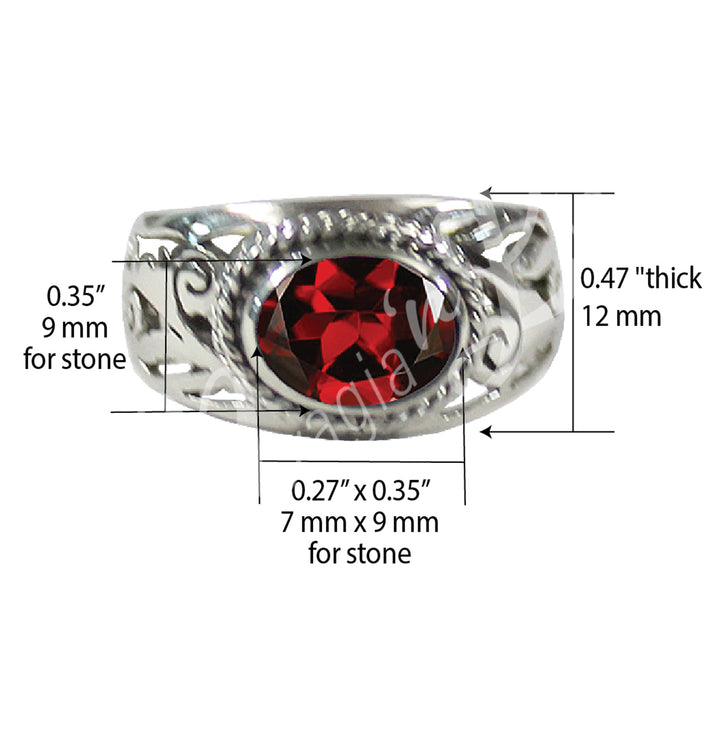 Anillo de Plata Esterlina con Granate Facetado y Diseño Jali Grande 0,45″