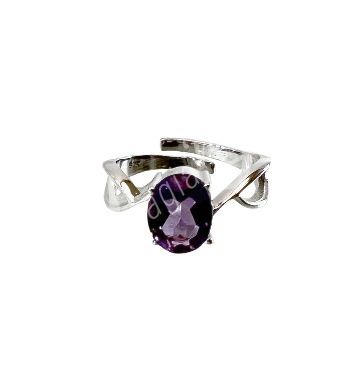 Sterling Silver Ring Faceted Oval Amethyst Adjustable