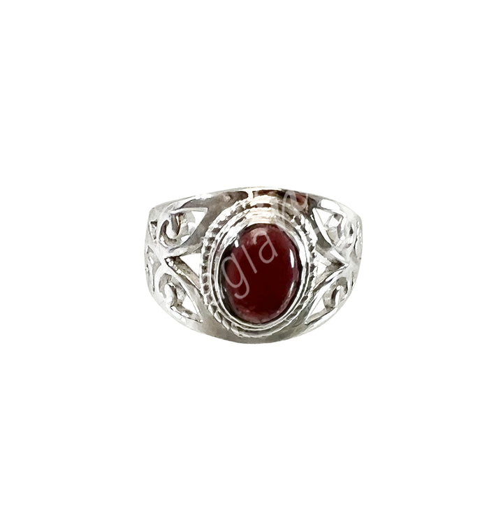 Sterling Silver Ring Oval Jali Garnet Adjustable