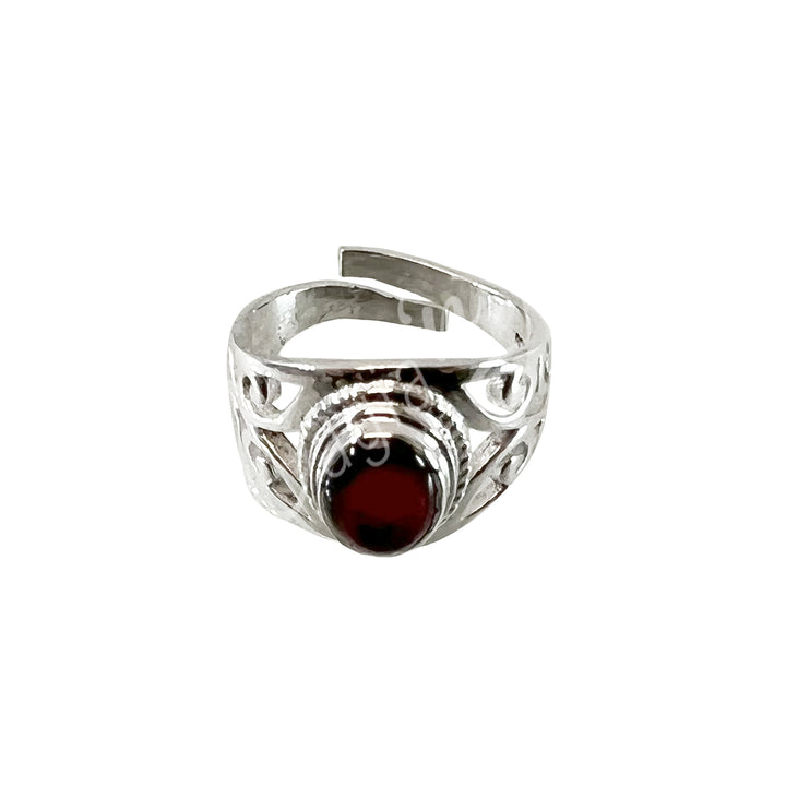 Sterling Silver Ring Oval Jali Garnet Adjustable