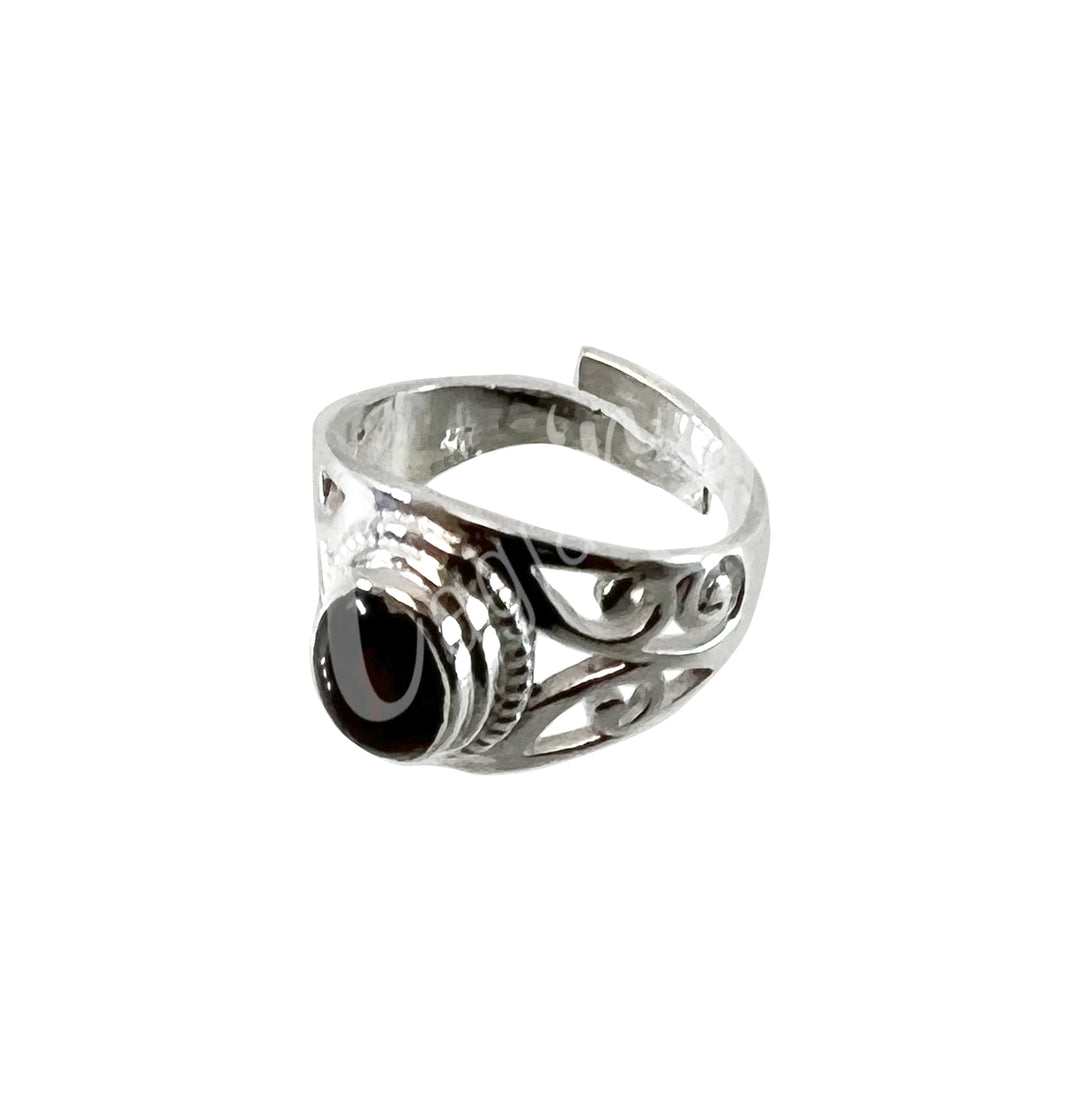 Sterling Silver Ring Oval Jali Garnet Adjustable