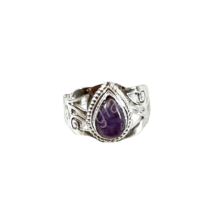 Sterling Silver Ring Teardrop Jali Amethyst Adjustable