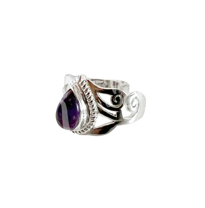 Sterling Silver Ring Teardrop Jali Amethyst Adjustable