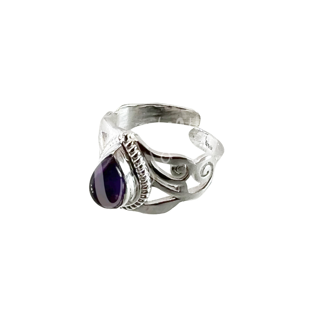 Sterling Silver Ring Teardrop Jali Amethyst Adjustable