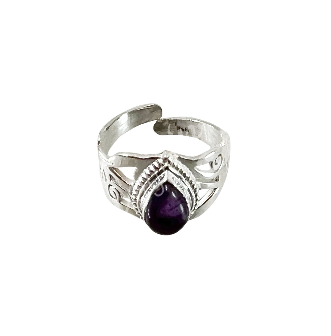 Sterling Silver Ring Teardrop Jali Amethyst Adjustable