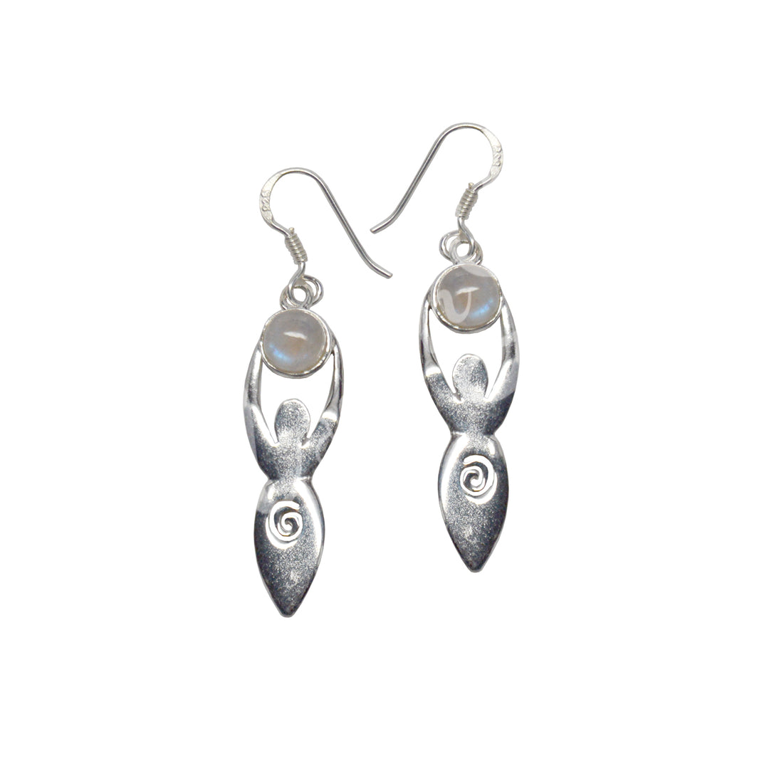 Sterling Silver Earrings Goddess Rainbow Moonstone 1.75″