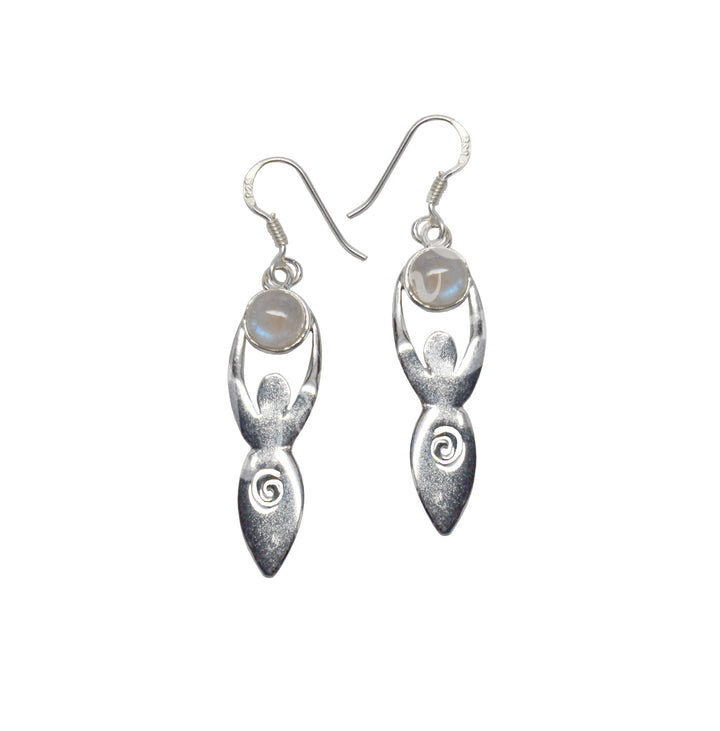 Sterling Silver Goddess Earrings & Pendant Set w Rainbow Moonstone