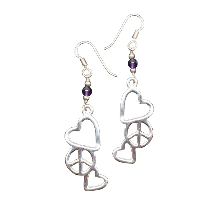 Sterling Silver Earrings Peace & Love Amethyst 2.25″
