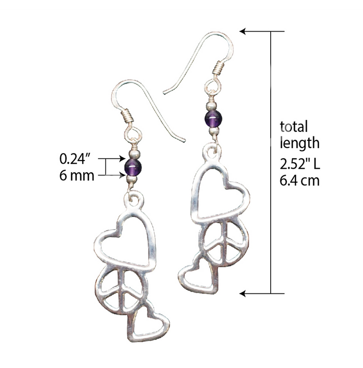 Sterling Silver Earrings Peace & Love Amethyst 2.25″